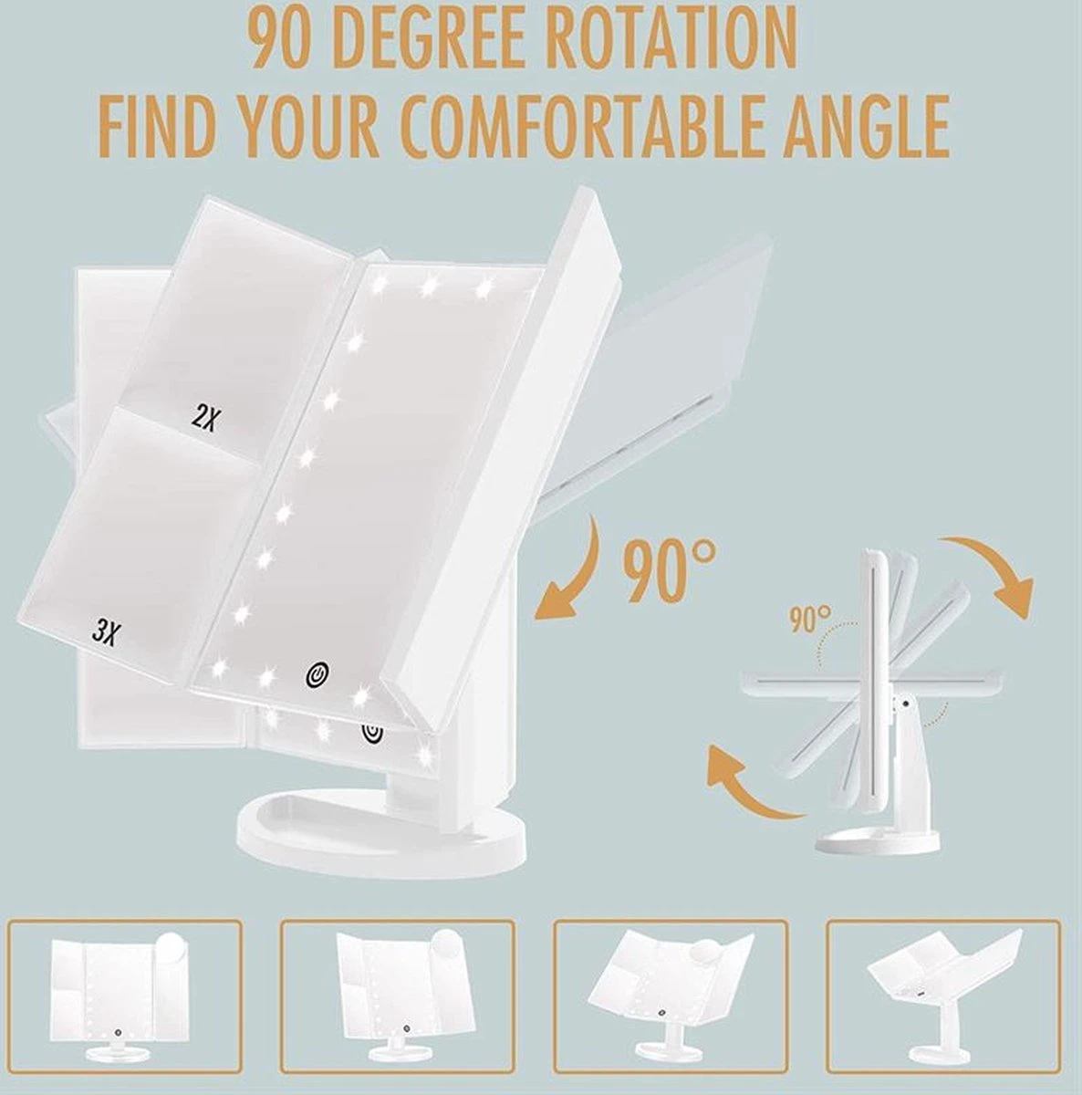 UNIQ Trifold Make Up Spiegel Met LED Verlichting En 2 Vergrootspiegels - Staande Spiegel - 21 LED-lampjes - Op Batterijen En USB (kabel Incl) - Wit 6 UNIQ Trifold Make Up Spiegel Met LED Verlichting En 2 Vergrootspiegels - Staande Spiegel - 21 LED-lampjes - Op Batterijen En USB (kabel Incl) - Wit - Afbeelding 4