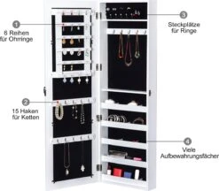 HOMCOM 2-in-1 Sieradenkast Wandspiegel Spiegelkast Sieraden Ladekast Spiegel 833-102WT -Cosmetica Promotiewinkel 1200x1049