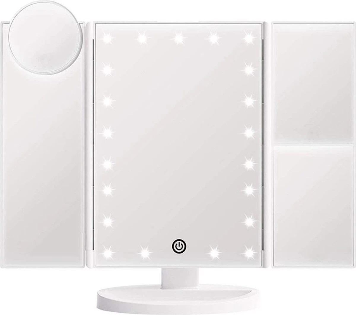 UNIQ Trifold Make Up Spiegel Met LED Verlichting En 2 Vergrootspiegels - Staande Spiegel - 21 LED-lampjes - Op Batterijen En USB (kabel Incl) - Wit 3 UNIQ Trifold Make Up Spiegel Met LED Verlichting En 2 Vergrootspiegels - Staande Spiegel - 21 LED-lampjes - Op Batterijen En USB (kabel Incl) - Wit