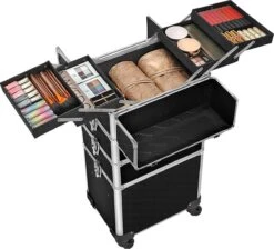 XXL PRO Visagie Beauty Case Koffer Trolley - Nagelkoffer Op Wielen Voor Makeup Of Cosmetica - Grote Uitklapbare Opbergsysteem Nagel Styliste Kapster - Zwart -Cosmetica Promotiewinkel 1200x1090
