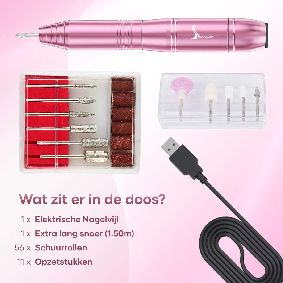 Simver Elektrische Nagelfrees - 11 Nagelvijl Bitjes En 56 Schuurrolletjes - Manicure / Pedicure - Roze - Cadeautip - Kerstcadeau 9 Simver Elektrische Nagelfrees - 11 Nagelvijl Bitjes En 56 Schuurrolletjes - Manicure / Pedicure - Roze - Cadeautip - Kerstcadeau - Afbeelding 7