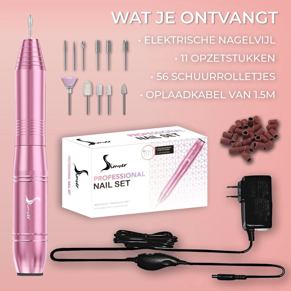 Simver Elektrische Nagelfrees - 11 Nagelvijl Bitjes En 56 Schuurrolletjes - Manicure / Pedicure - Roze - Cadeautip - Kerstcadeau 12 Simver Elektrische Nagelfrees - 11 Nagelvijl Bitjes En 56 Schuurrolletjes - Manicure / Pedicure - Roze - Cadeautip - Kerstcadeau - Afbeelding 10