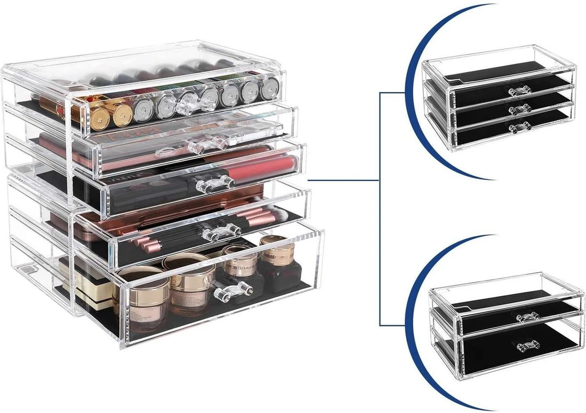 SONGMICS Make-up Organiser, 2-delige Opbergdozen Voor Sieraden En Cosmetica, Stapelbaar, Met 5 Laden, Transparant Polystyreen JMU32TP 5 SONGMICS Make-up Organiser, 2-delige Opbergdozen Voor Sieraden En Cosmetica, Stapelbaar, Met 5 Laden, Transparant Polystyreen JMU32TP - Afbeelding 3