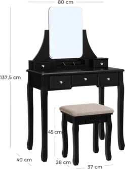 Merkloos Kaptafel, Kaptafel Met Grote Spiegel Zonder Frame, Toilettafel, Kaptafel, Voor Make-up, Gewatteerde Kruk, 5 Laden, Verplaatsbare Opbergdoos, Zwart RDT25BK -Cosmetica Promotiewinkel 888x1200