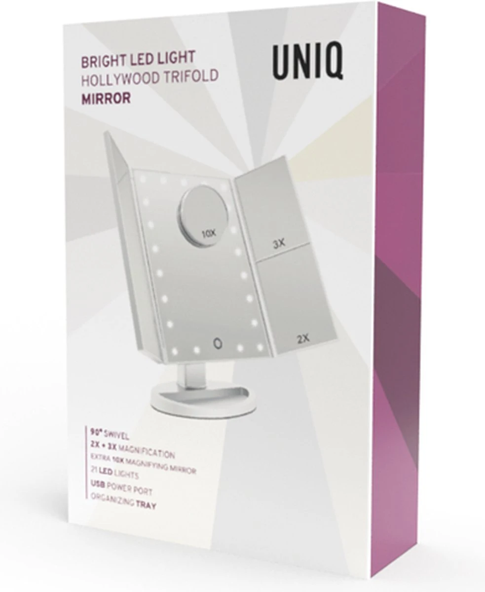 UNIQ Trifold Make Up Spiegel Met LED Verlichting En 2 Vergrootspiegels - Staande Spiegel - 21 LED-lampjes - Op Batterijen En USB (kabel Incl) - Wit 8 UNIQ Trifold Make Up Spiegel Met LED Verlichting En 2 Vergrootspiegels - Staande Spiegel - 21 LED-lampjes - Op Batterijen En USB (kabel Incl) - Wit - Afbeelding 6